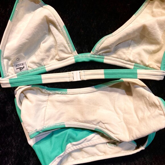 SOLD Vtg 90s Y2K 2pc Halter Bikini Set Blue Green Teal White Stripe S/M - Picture 3 of 4